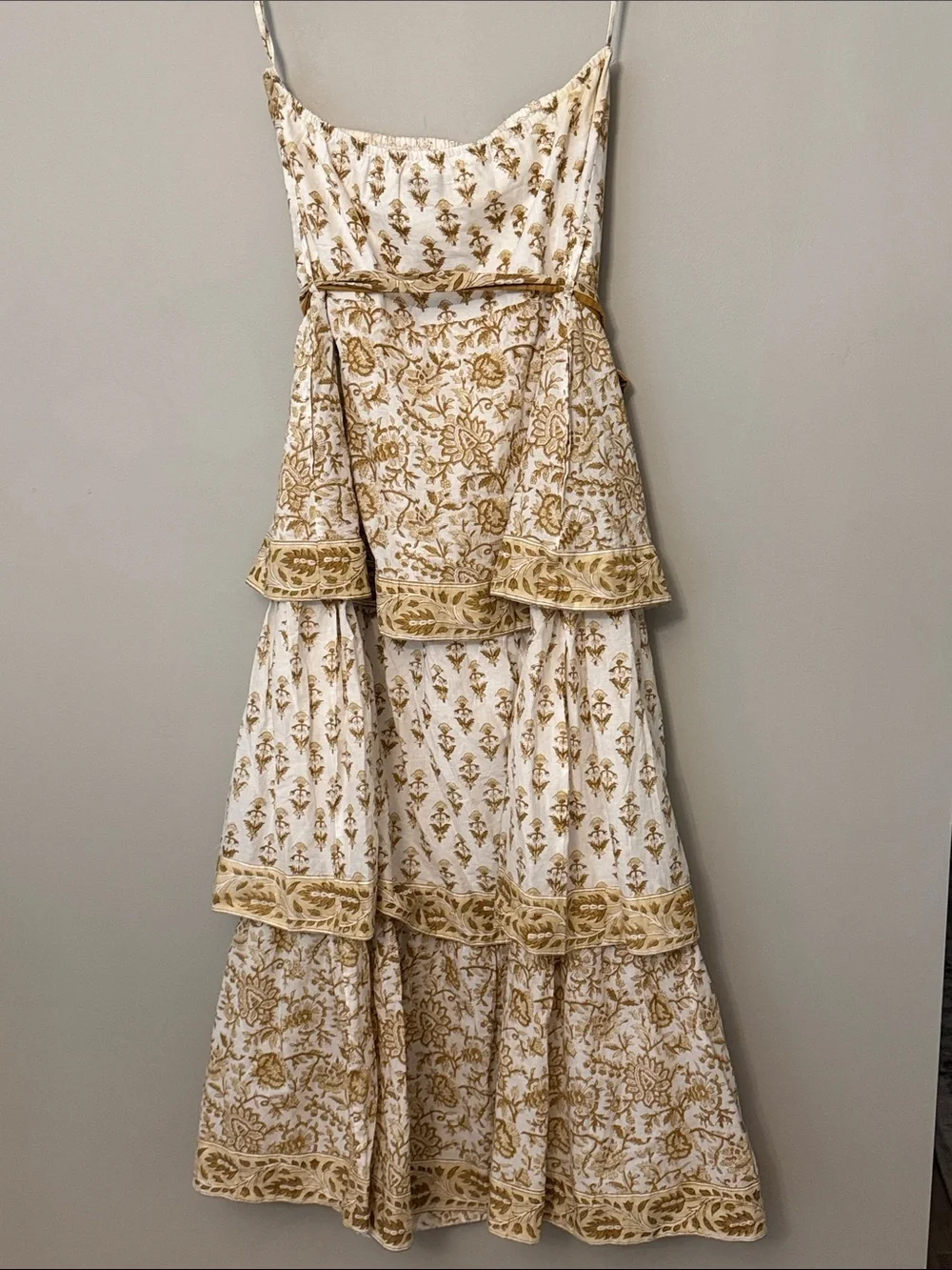 Sue Sartor Maxi Dress size Large gold off white tiered strapless